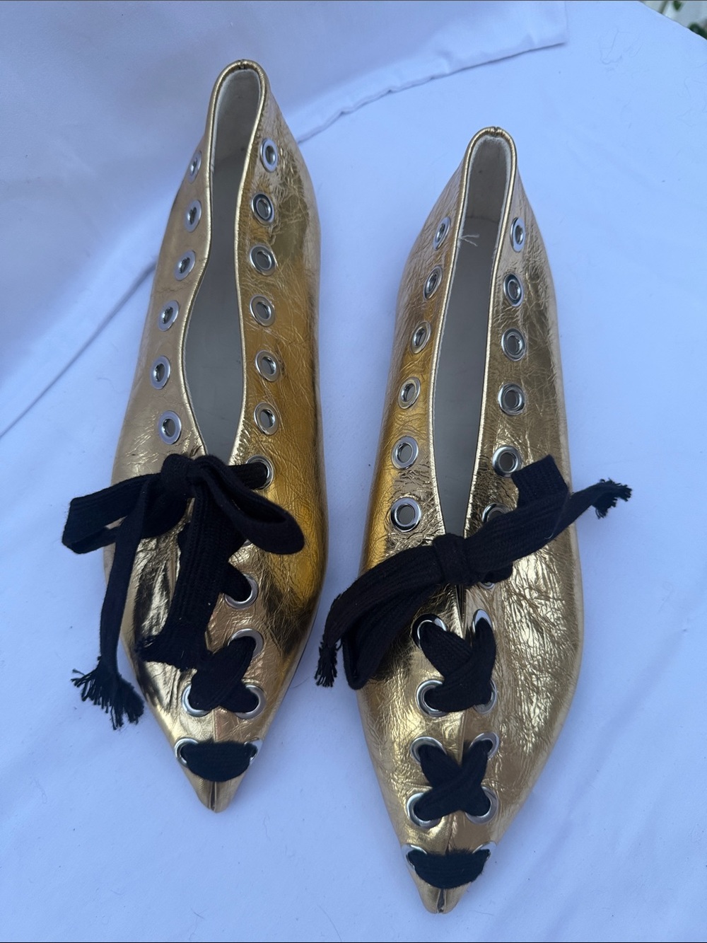 Metallic Gold Pointed Lace-Up Women’s Flats with Black Laces - Picture 2 of 4